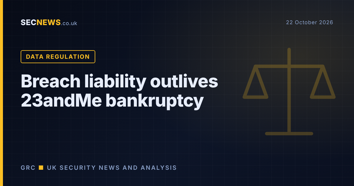 Scales of justice graphic with the headline Breach liability outlives 23andMe bankruptcy