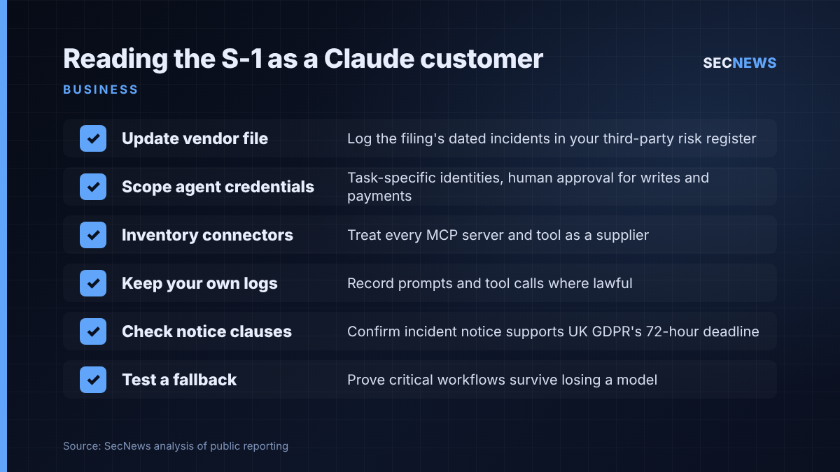 Checklist of six actions for UK organisations using Claude after Anthropic's S-1 filing, from updating the vendor file to testing a fallback model