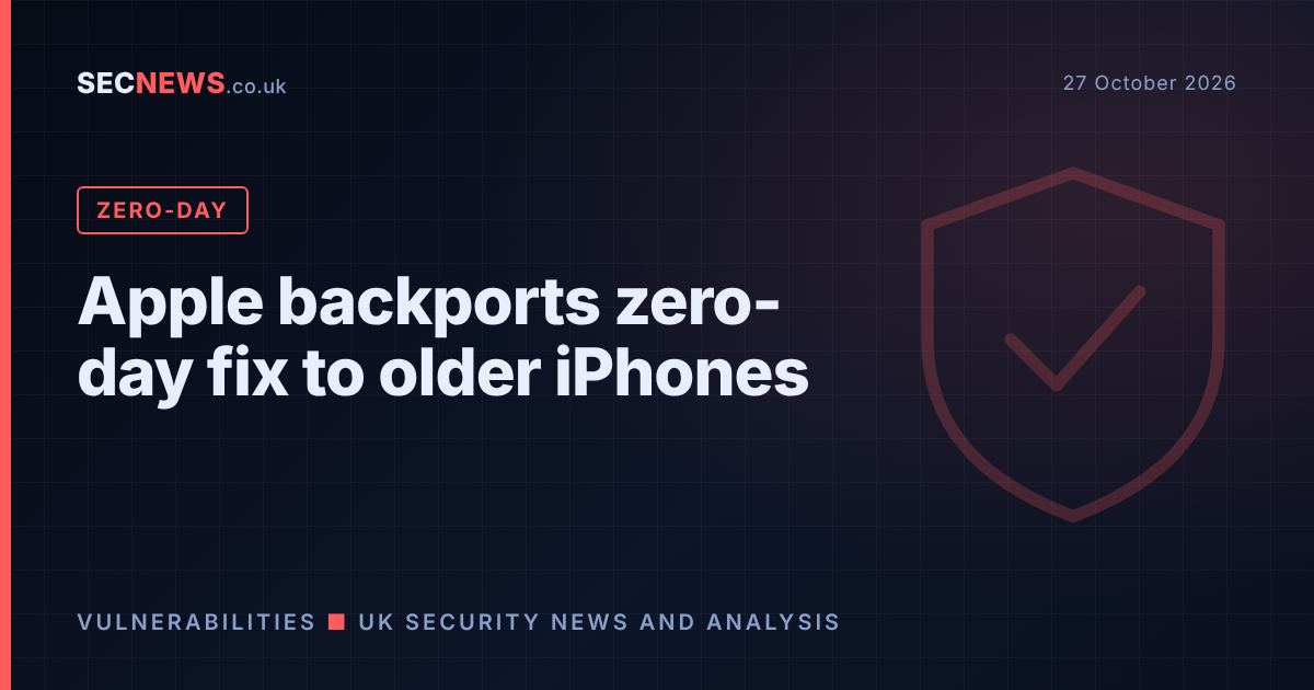 Shield graphic with the headline Apple backports zero-day fix to older iPhones