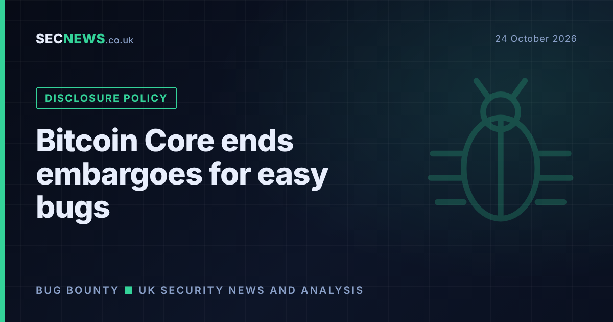 Illustration of a bug icon with the headline Bitcoin Core ends embargoes for easy bugs