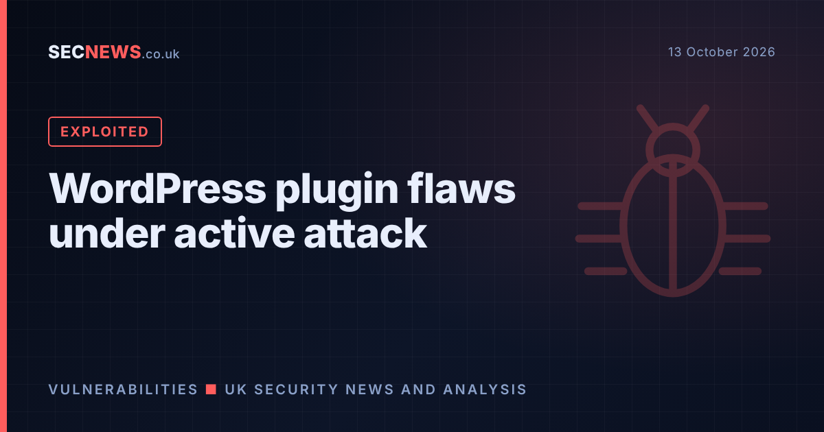 Illustration of a software bug over a WordPress website, representing actively exploited plugin vulnerabilities