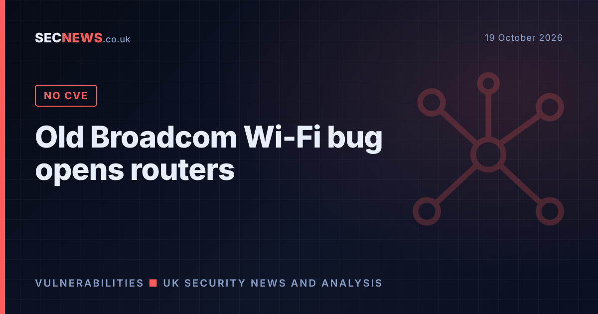 Illustration of a wireless network diagram with the headline Old Broadcom Wi-Fi bug opens routers