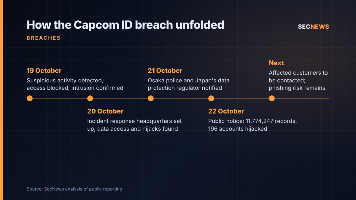 Timeline of the Capcom ID breach from detection on 19 October to public disclosure on 22 October 2026