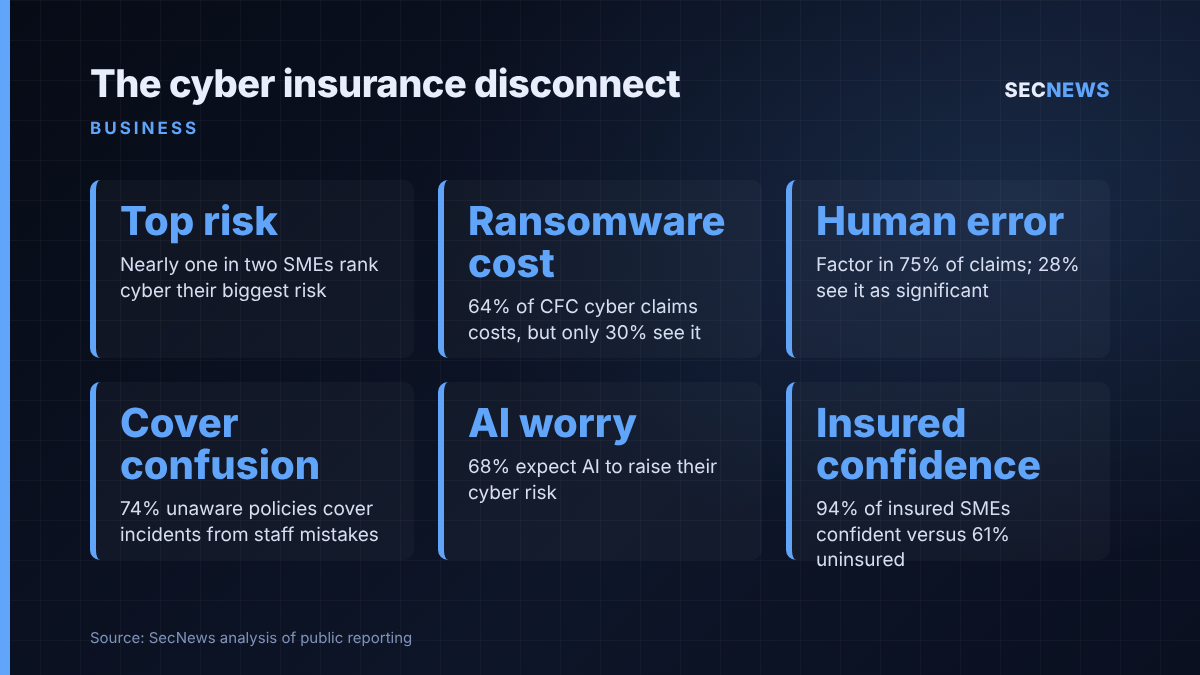 Key figures from CFC's Cyber Insurance Disconnect study comparing SME perceptions of cyber risk with CFC claims data