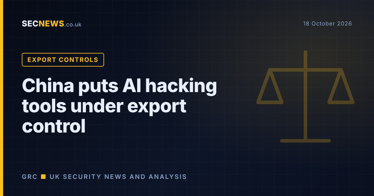 Scales motif with the headline China puts AI hacking tools under export control