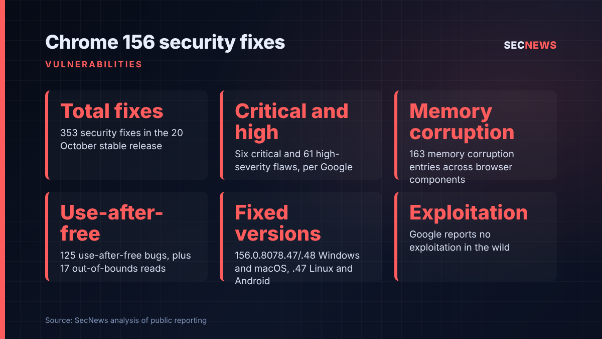 Key figures from Chrome 156: 353 security fixes, six critical and 61 high, 163 memory corruption and 125 use-after-free bugs, fixed versions listed