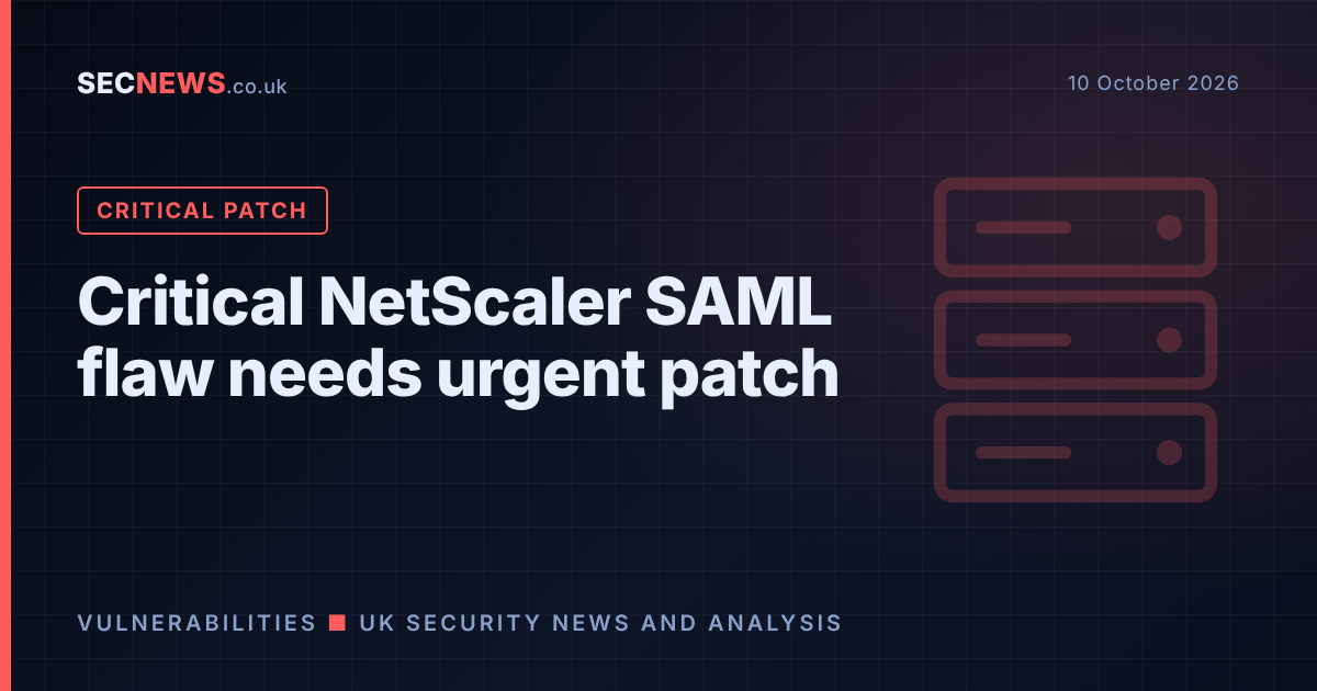 Server rack graphic with the headline: Critical NetScaler SAML flaw needs urgent patch