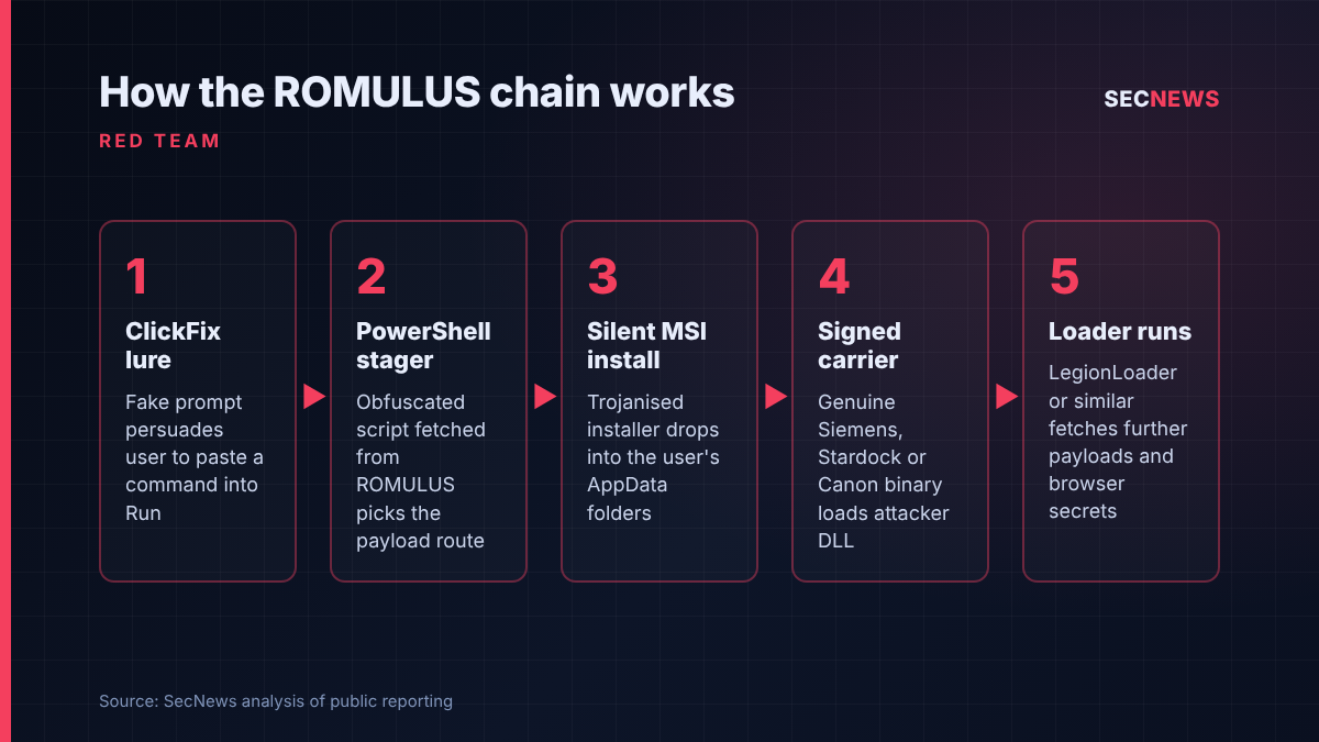 Flow diagram of the ROMULUS ClickFix attack chain from fake prompt to PowerShell stager, silent MSI install, signed binary side-loading and loader execution
