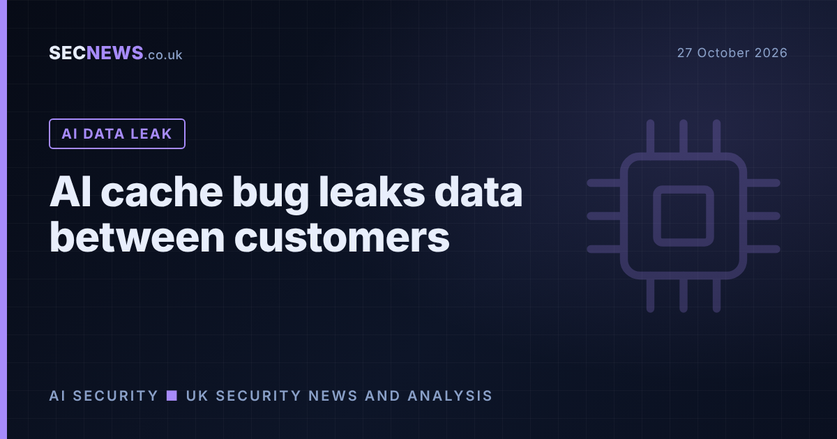 Illustration of an AI chip with data leaking between customer sessions, headlined AI cache bug leaks data between customers