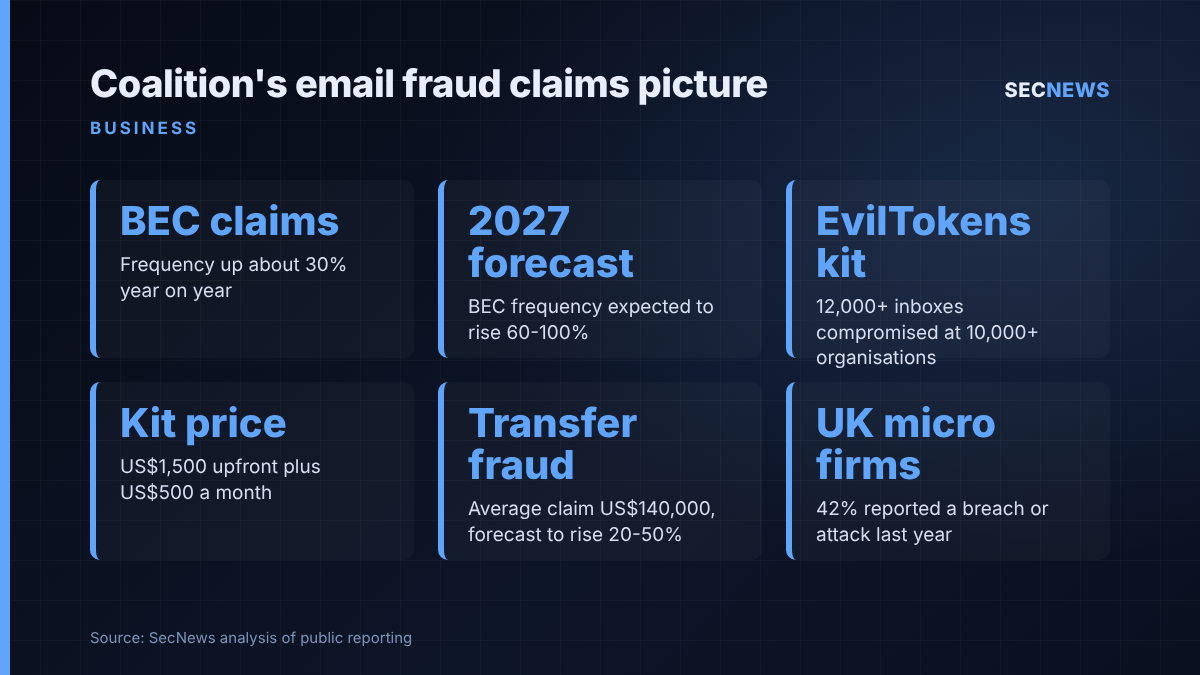 Key figures from Coalition's briefing on AI-driven business email compromise claims, with UK micro business breach data