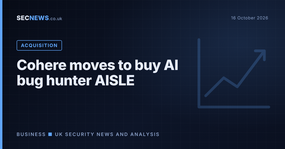 Graphic headline reading Cohere moves to buy AI bug hunter AISLE, with an acquisition label