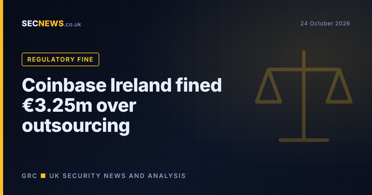 Balance scales graphic with the headline Coinbase Ireland fined €3.25m over outsourcing