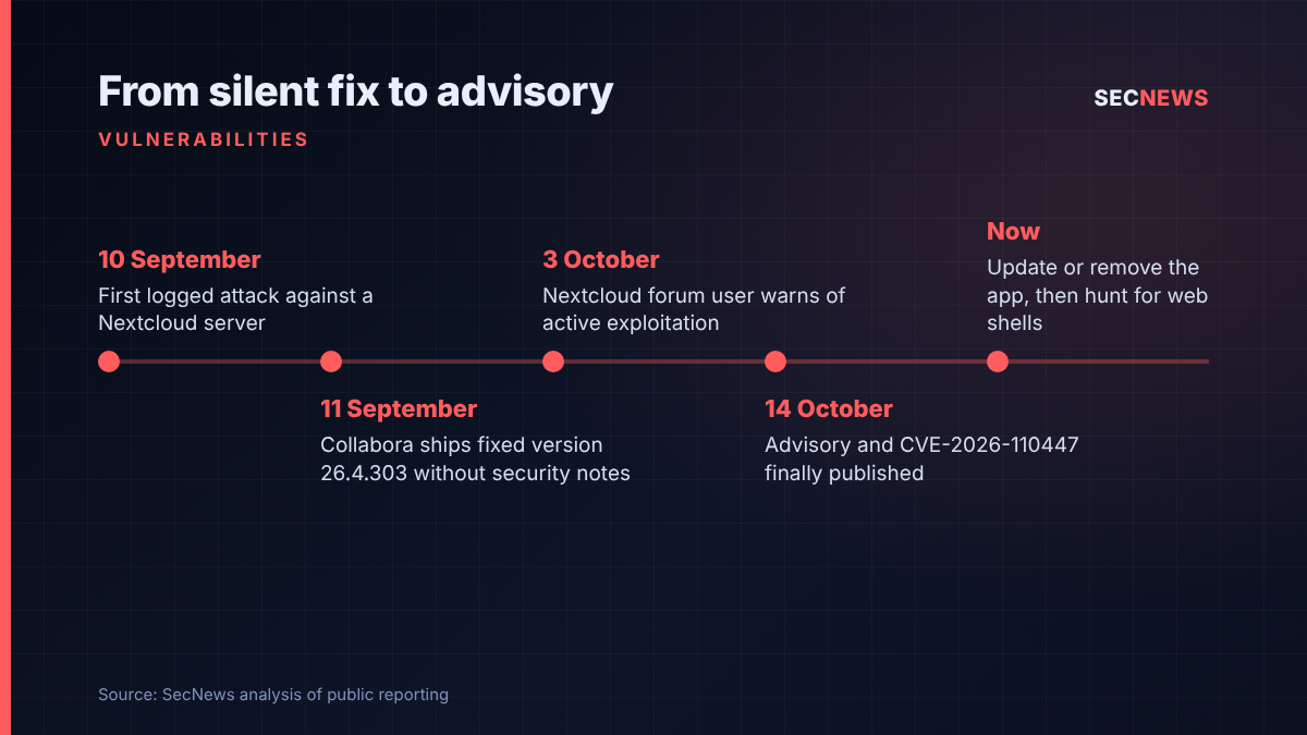Timeline showing the first attack on 10 September, the silent fix on 11 September, a forum warning on 3 October and the CVE published on 14 October