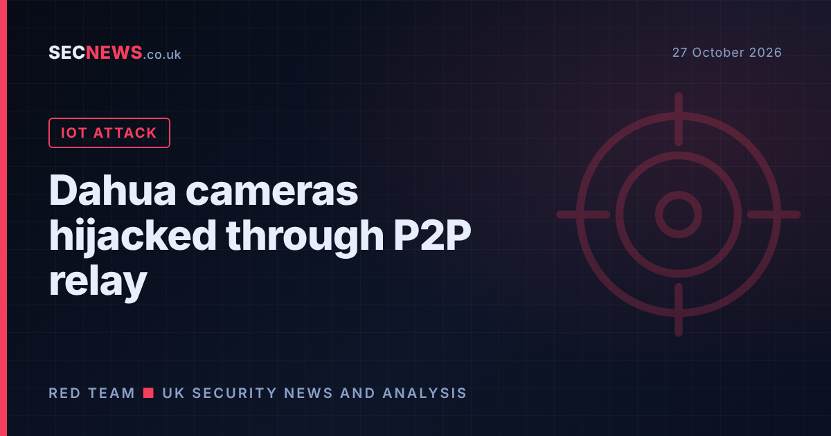 Illustration of a hijacked surveillance camera with a target motif and the headline Dahua cameras hijacked through P2P relay
