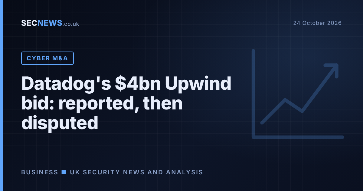 Rising market chart graphic with the headline Datadog's $4bn Upwind bid: reported, then disputed.