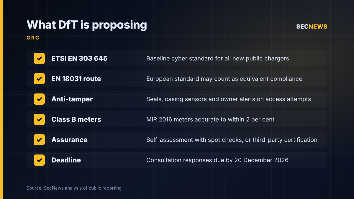 Checklist of DfT's proposed cyber security requirements for public EV charge points