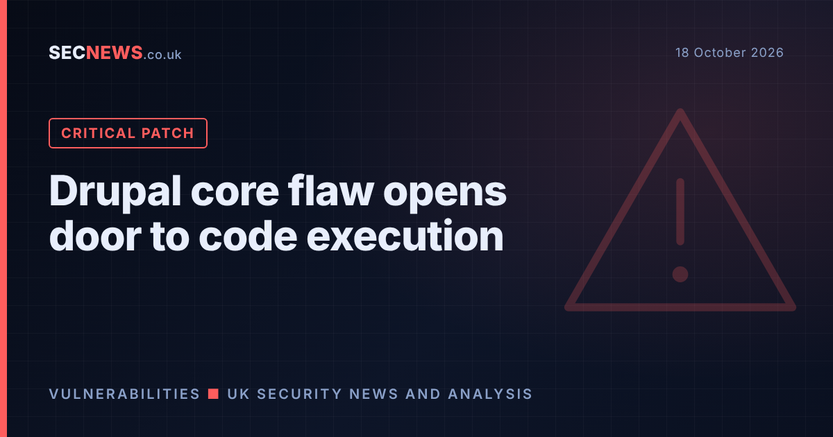 Warning symbol over a web server illustrating a critical Drupal core remote code execution flaw