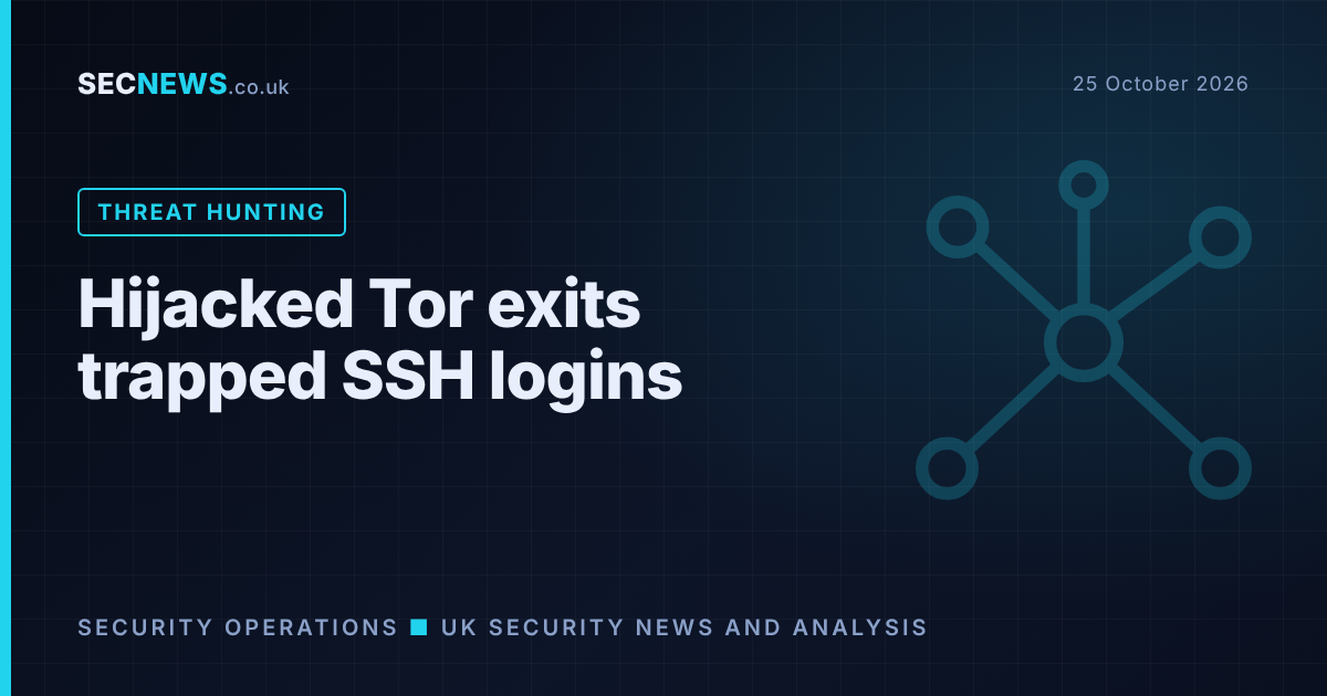 Network diagram illustration representing hijacked Tor exit relays intercepting SSH connections