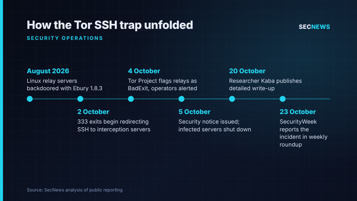 Timeline of the Ebury Tor exit relay SSH interception campaign from August to 23 October 2026