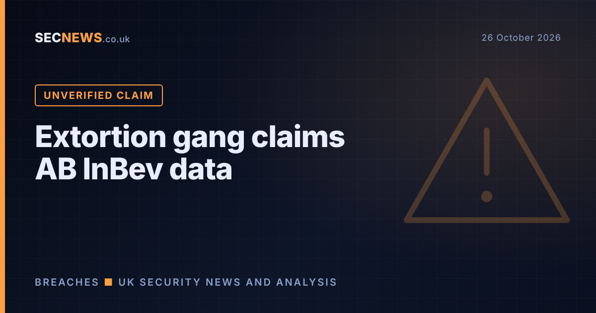Warning graphic headed Extortion gang claims AB InBev data, marked unverified claim