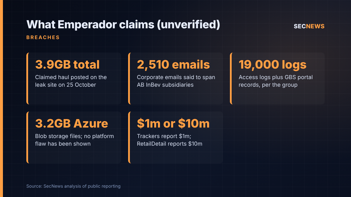 Panel listing the unverified data and ransom figures claimed by the Emperador gang against AB InBev