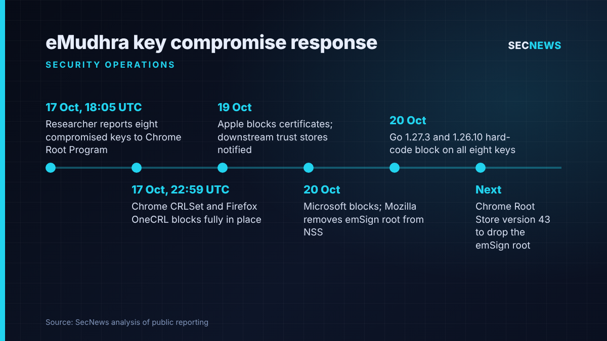 Timeline of the eMudhra intermediate CA key compromise response from 17 to 20 October 2026