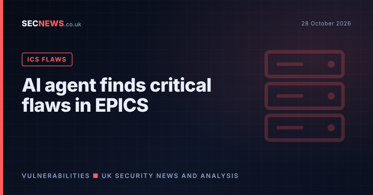 Illustration of server racks in a control room with the headline AI agent finds critical flaws in EPICS