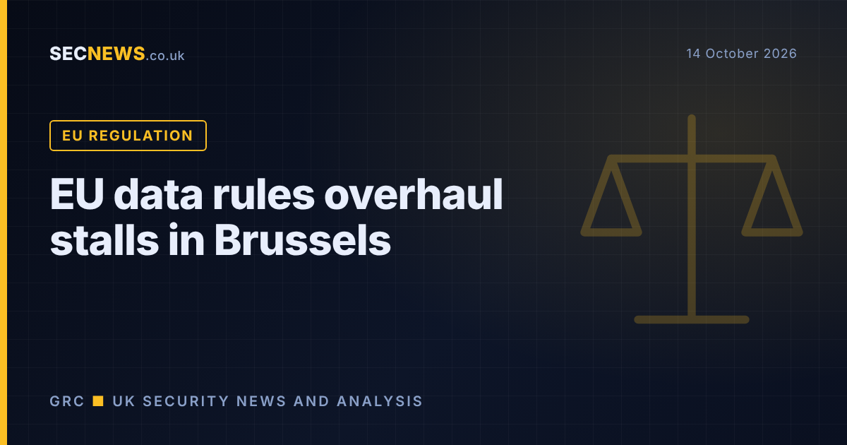 Scales of justice graphic with the headline EU data rules overhaul stalls in Brussels