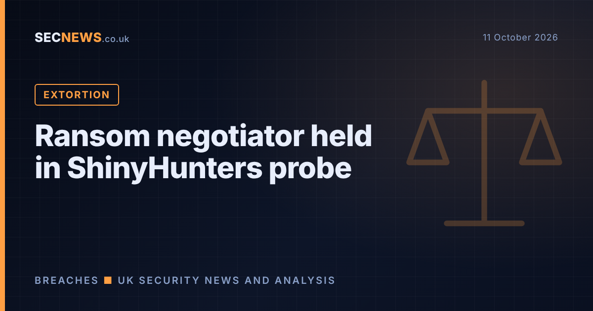 Graphic of balanced scales with the headline Ransom negotiator held in ShinyHunters probe