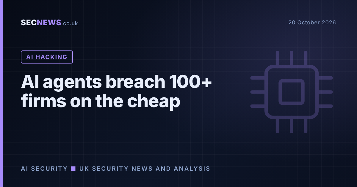 Illustration of an AI chip motif with the headline AI agents breach 100+ firms on the cheap