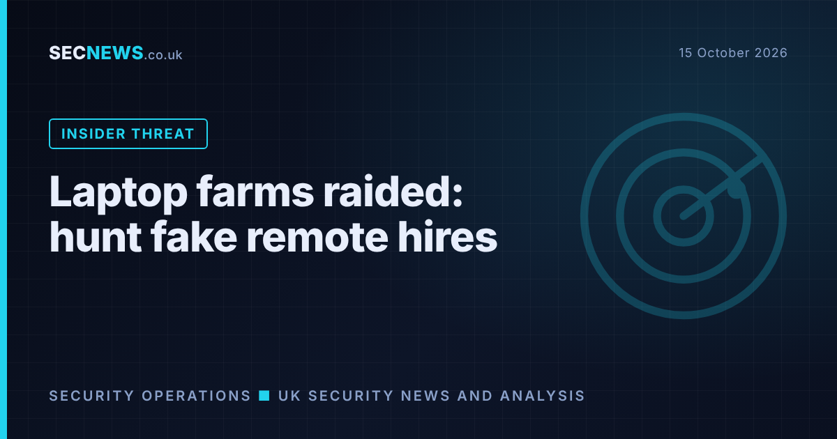 Radar graphic with the headline 'Laptop farms raided: hunt fake remote hires' and an insider threat label