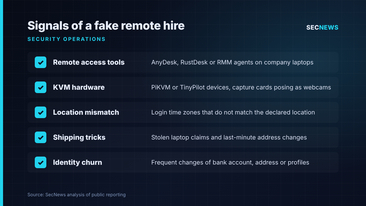 Checklist of five warning signs of a fraudulent North Korean remote IT worker: remote access tools, KVM hardware, location mismatch, shipping tricks and identity churn