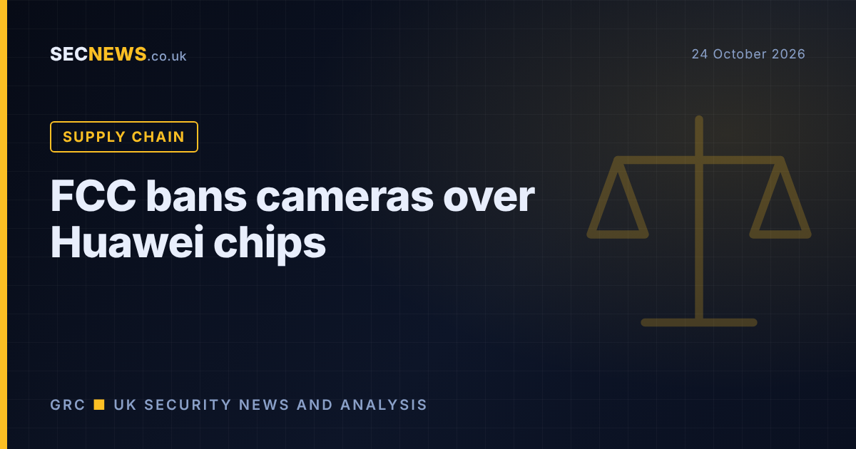 Scales motif with headline about the FCC banning cameras over Huawei HiSilicon chips