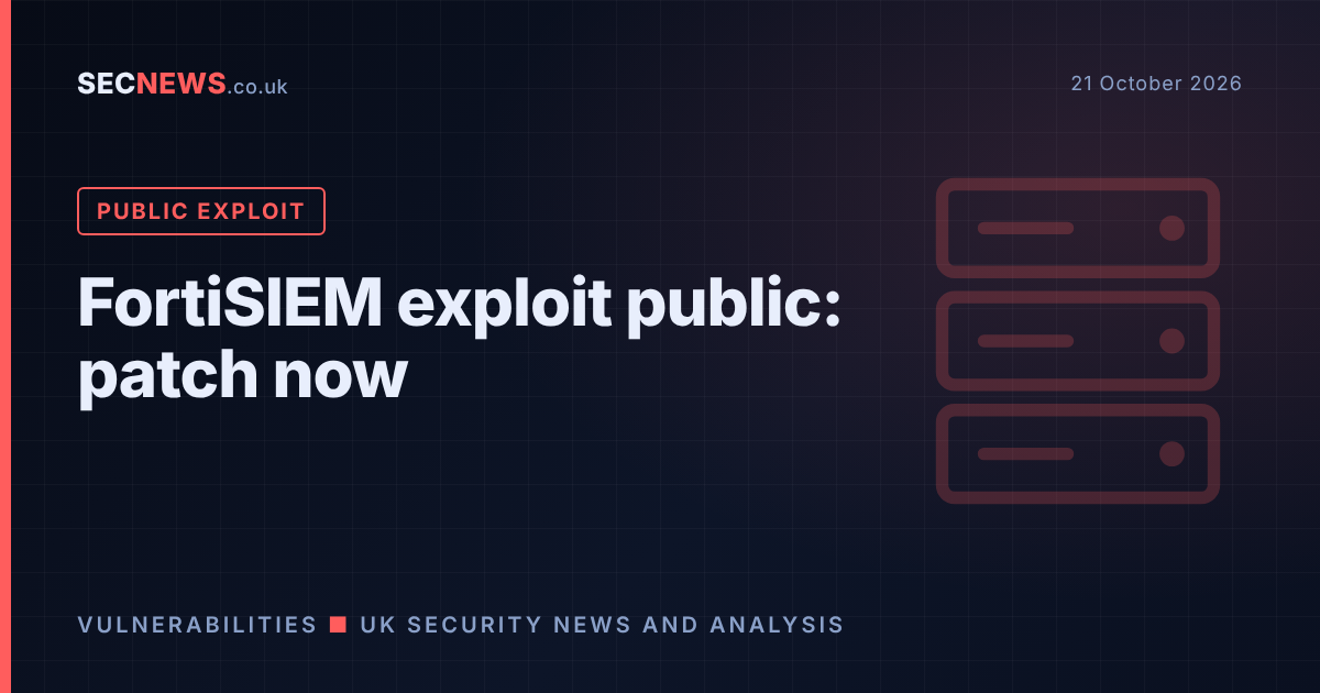 Server illustration with the headline FortiSIEM exploit public: patch now