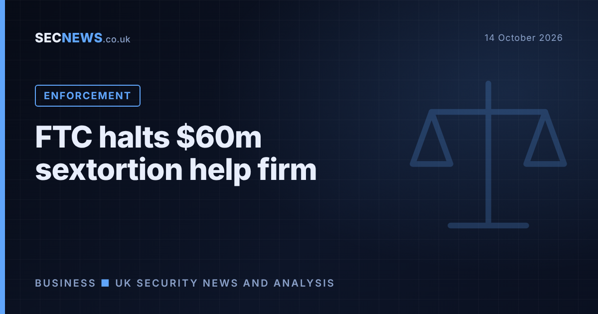 Scales of justice graphic with the headline FTC halts $60m sextortion help firm