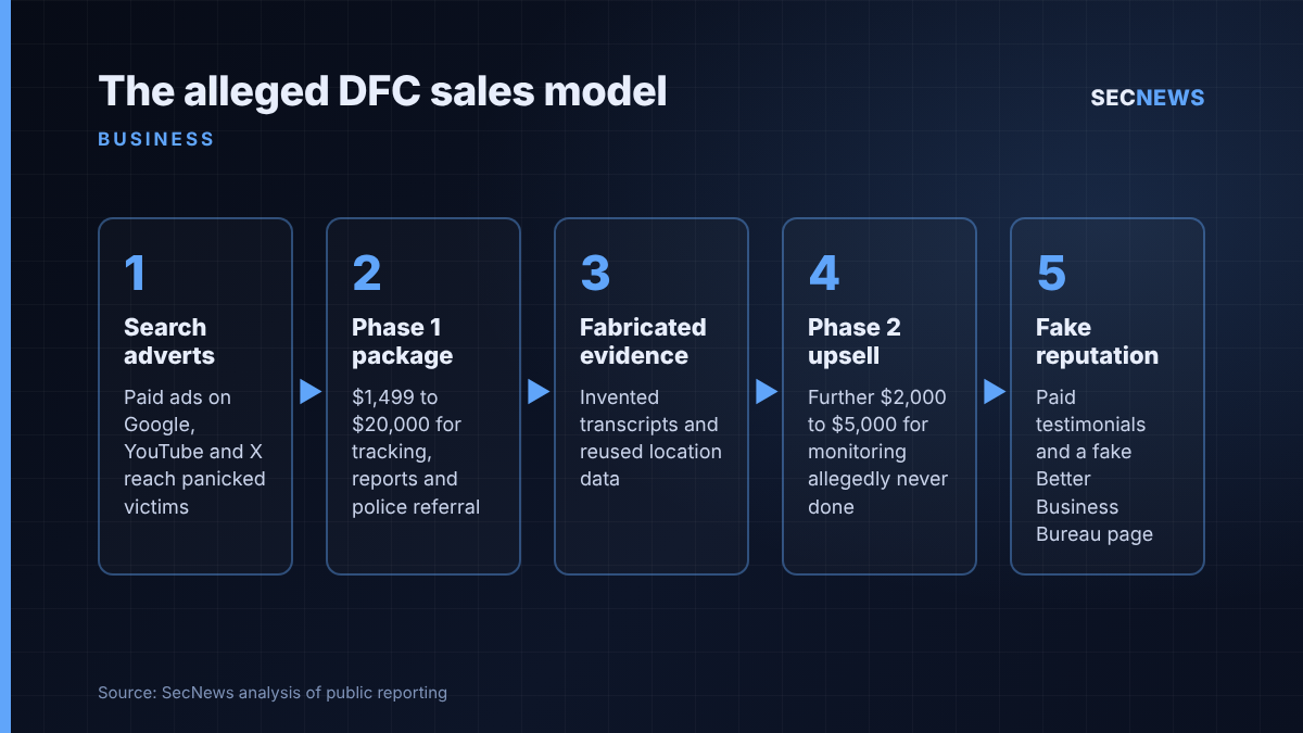 Flow diagram of the sales model the FTC alleges Digital Forensics Corporation used, from search adverts to fake reviews