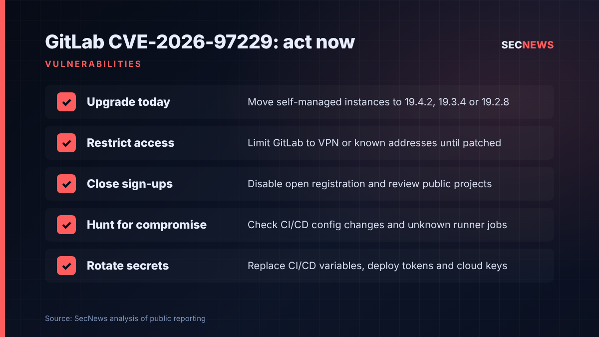 Checklist of five actions for GitLab CVE-2026-97229: upgrade, restrict access, close sign-ups, hunt for compromise, rotate secrets