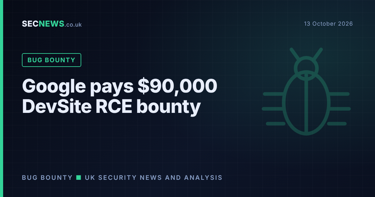 Illustration of a software bug over a developer documentation page, marking Google's $90,000 DevSite remote code execution bounty.