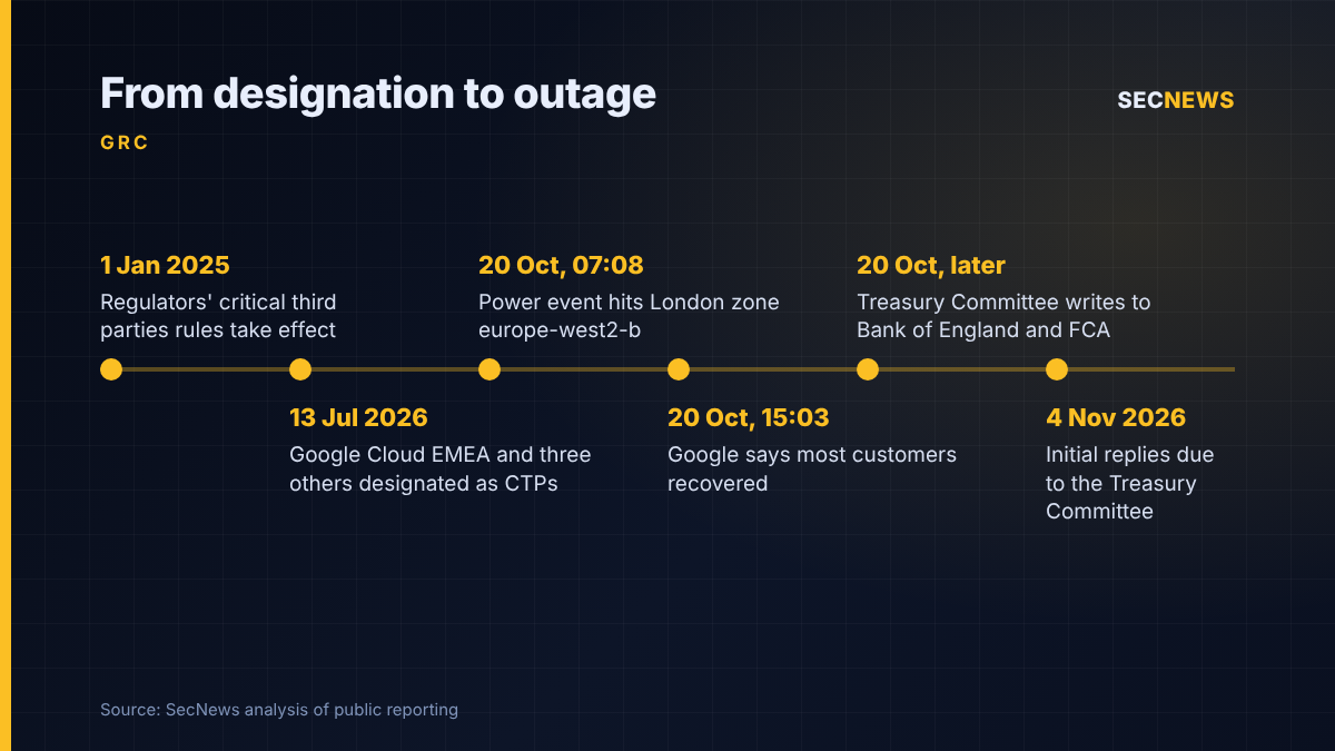 Timeline from the start of the critical third parties rules in January 2025 to the Google Cloud outage and Treasury Committee deadlines