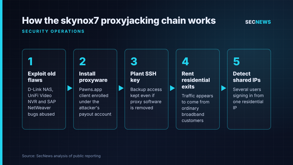 Flow diagram of the skynox7 campaign: exploiting edge device flaws, installing Pawns.app, planting an SSH key, renting residential proxy exits and detecting shared sign-in IPs