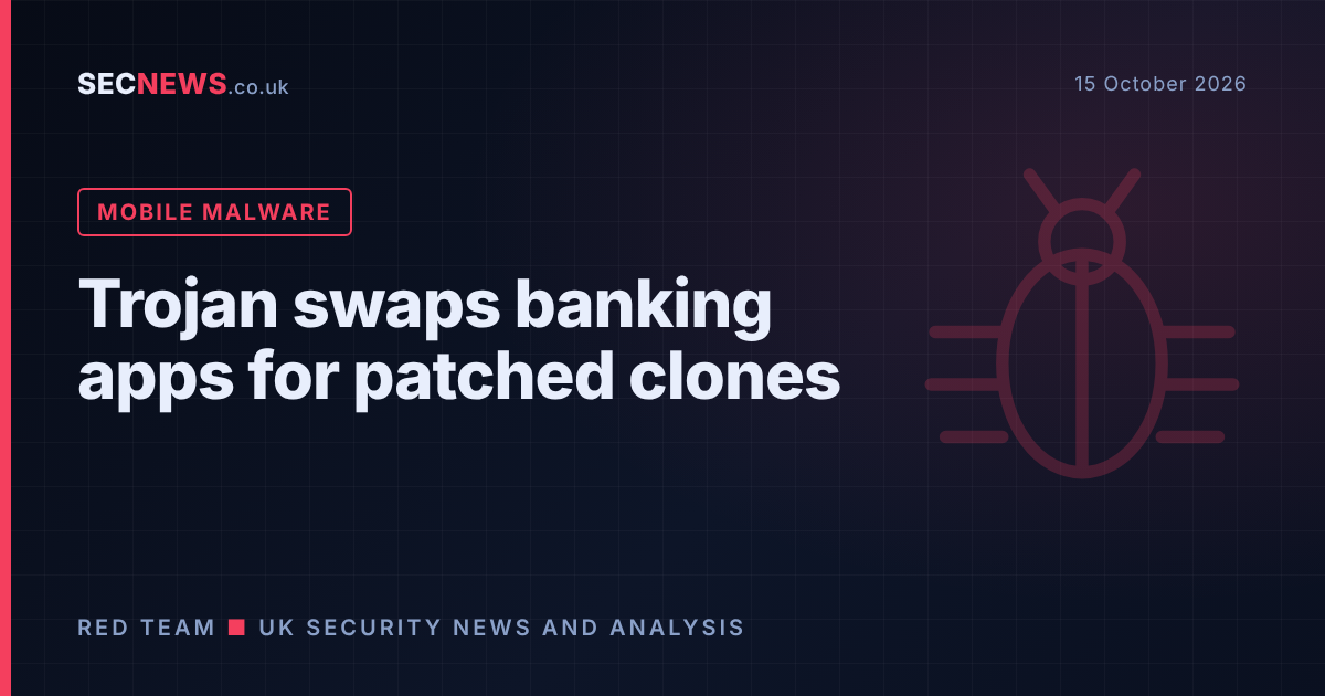 Illustration of a smartphone banking app being swapped for a malicious clone, headed Trojan swaps banking apps for patched clones