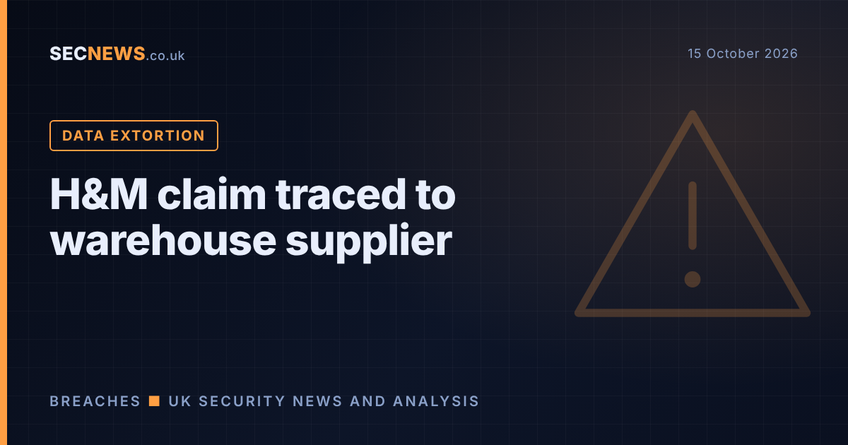 Warning symbol over a retail warehouse network illustrating the H&M data extortion claim