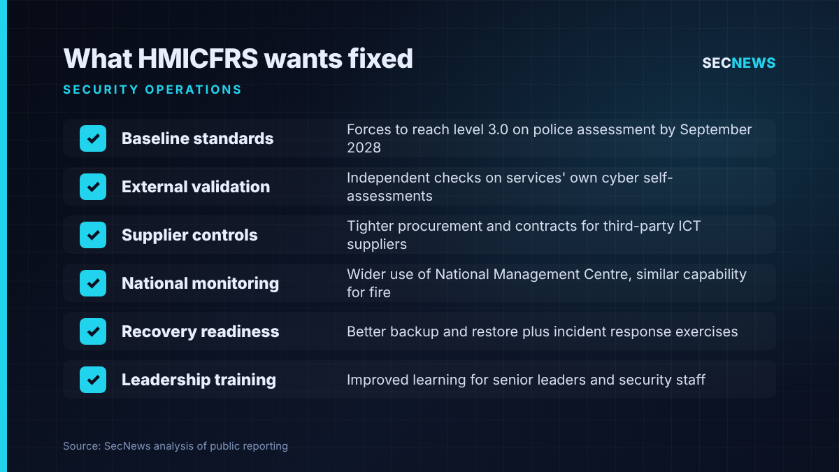 Checklist of six HMICFRS recommendations for police and fire cyber security, from baseline standards to leadership training