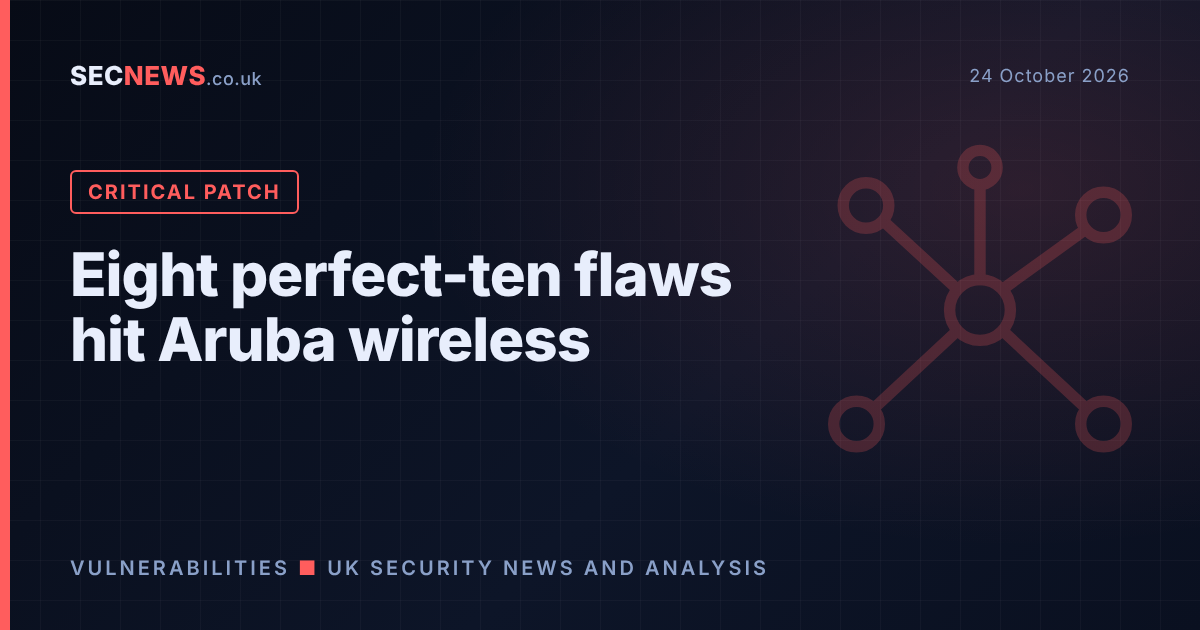 Network motif graphic with the headline Eight perfect-ten flaws hit Aruba wireless