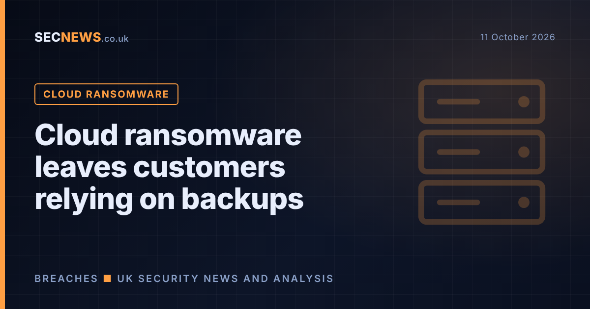 Illustration of a server rack with the headline 'Cloud ransomware leaves customers relying on backups'