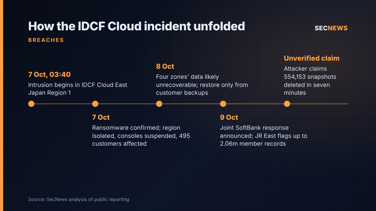 Timeline of the IDCF Cloud ransomware incident from 7 to 9 October 2026