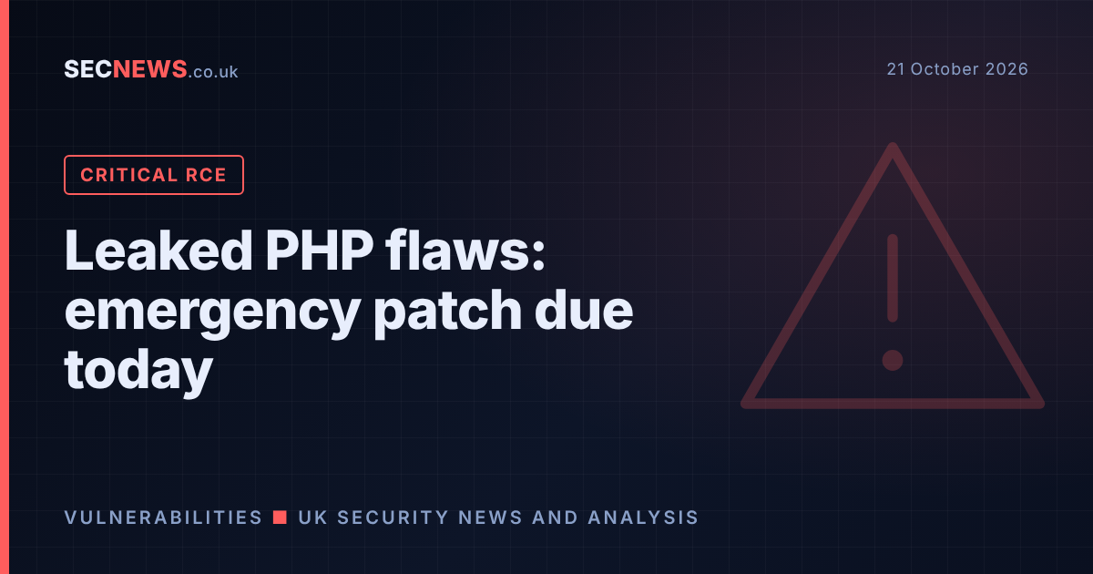 Warning graphic for leaked critical PHP remote code execution flaws CVE-2026-109618 and CVE-2026-109619