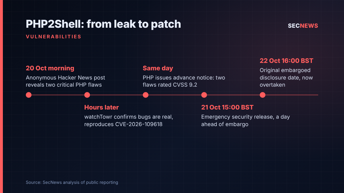 Timeline of the PHP2Shell leak from the Hacker News post on 20 October to PHP's emergency release at 15:00 BST on 21 October