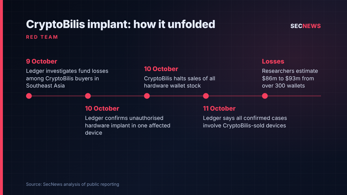 Timeline of the Ledger CryptoBilis hardware implant incident from 9 to 11 October 2026