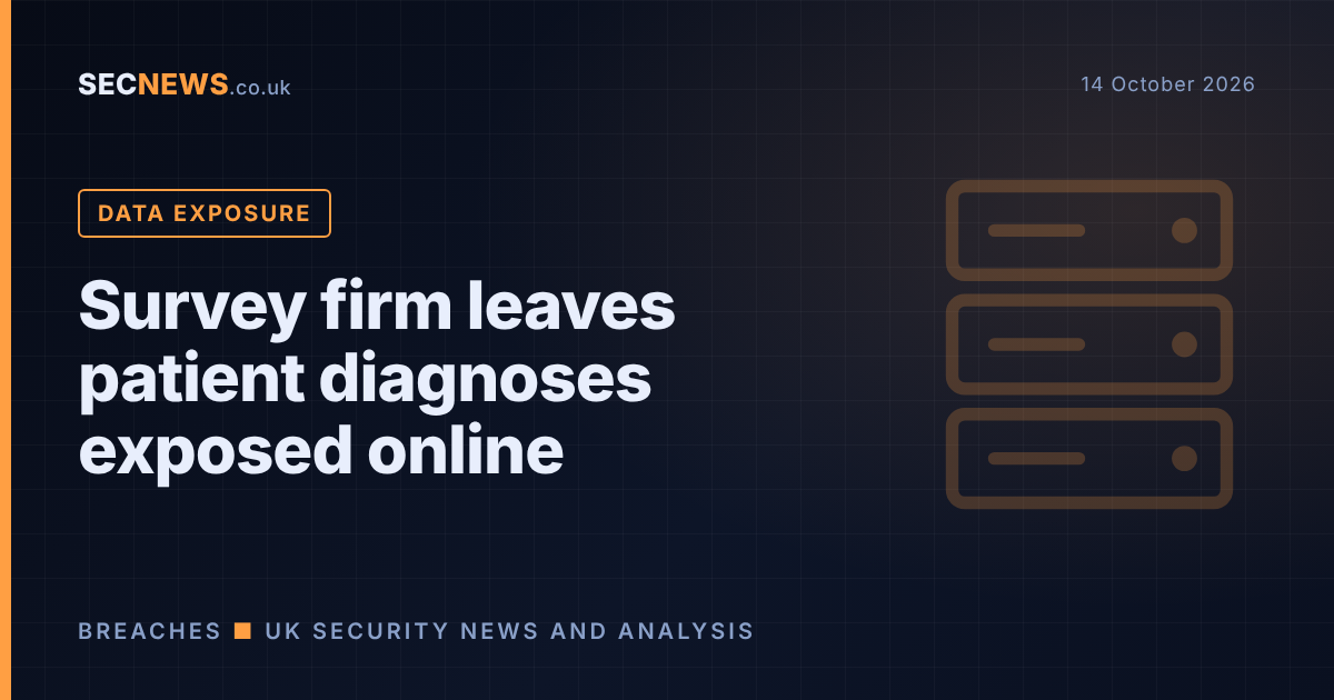 Illustration of a server with a warning label representing an exposed database of patient health survey data
